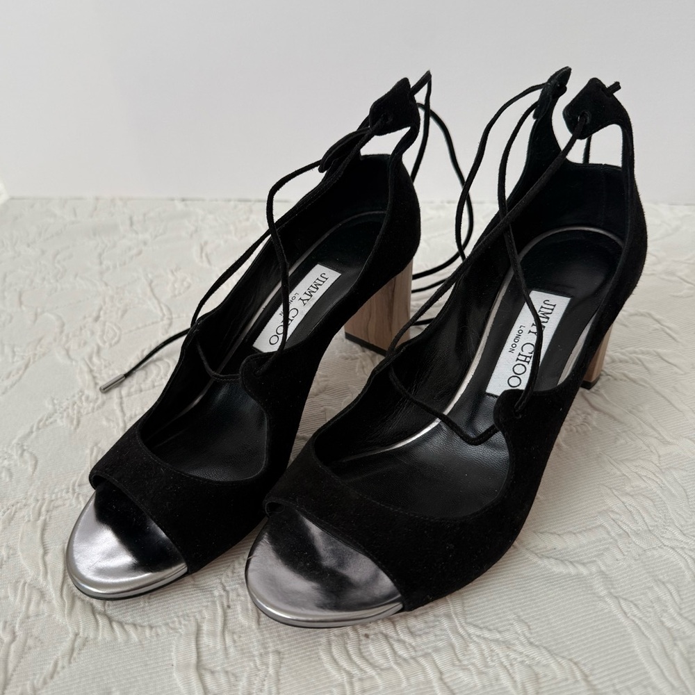 JIMMY CHOO Black Suede LACE-UP SANDAL 37.5
